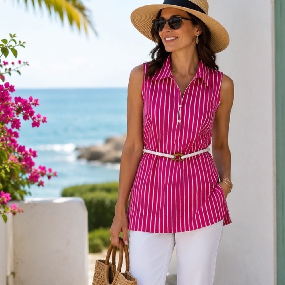 Lauren Ralph Lauren Tunic Women LG Pink White Striped Sleeveless Belt Resortwear